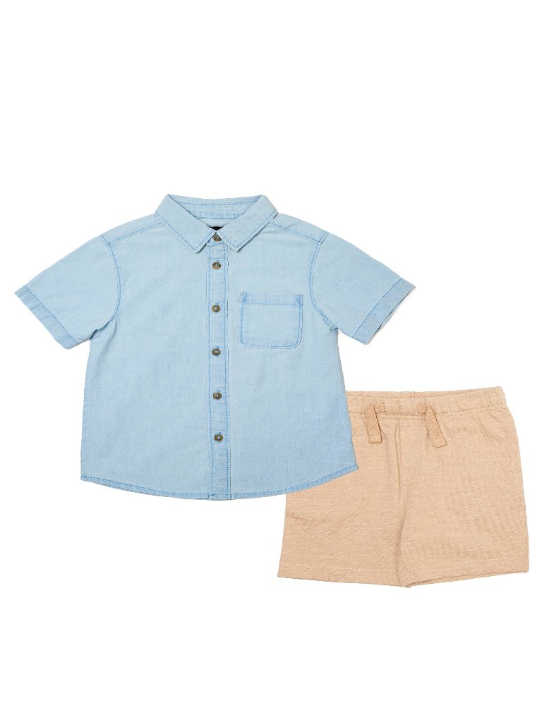 BOYS SET - CHAMBRAY S/S SHIRT & KNIT SHORTS